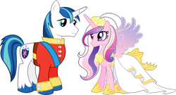 Size: 4177x2262 | Tagged: safe, imported from derpibooru, part of a set, princess cadance, shining armor, alicorn, pony, unicorn, a canterlot wedding, .svg available, clothes, dress, duo, female, g4, male, mare, official, simple background, stallion, stock vector, svg, transparent background, uniform, vector, wedding dress