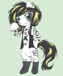 Size: 1439x1727 | Tagged: safe, artist:cactuscruncher, derpibooru exclusive, imported from derpibooru, earth pony, pony, semi-anthro, andy biersack, bandana, bipedal, black mane, black veil brides, blue eyes, bodypaint, boots, clothes, cross, dyed mane, dyed tail, ear piercing, eye clipping through hair, face paint, facial piercing, green background, hoof on hip, lip piercing, long hair, long mane, looking at you, makeup, male, messy mane, messy tail, piercing, ponified, raised hoof, rocker, shoes, simple background, smiling, smiling at you, solo, stallion, standing, standing on two hooves, tail, three quarter view, upright, vest, white coat