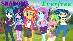 Size: 791x445 | Tagged: safe, imported from derpibooru, indigo zap, lemon zest, sci-twi, sonata dusk, sunny flare, sunset shimmer, twilight sparkle, human, siren, fanfic:shadows among everfree, equestria girls, legend of everfree, camp everfree, camp everfree outfits, fanfic, fanfic art, fanfic cover