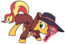 Size: 505x344 | Tagged: safe, artist:noikincade67, imported from derpibooru, sunset shimmer, pony, unicorn, clothes, detective, detective shimmer, fedora, hat, magnifying glass, simple background, solo, transparent background, trenchcoat