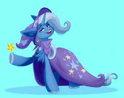 Size: 4033x3175 | Tagged: safe, artist:1an1, imported from derpibooru, trixie, pony, unicorn, blue background, chest fluff, female, lidded eyes, mare, open mouth, open smile, simple background, smiling, solo, stars