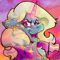 Size: 1500x1500 | Tagged: safe, artist:amendokat, imported from derpibooru, trixie, pony, unicorn, bust, cape, chest fluff, clothes, ear piercing, eyeshadow, fangs, lesbian pride flag, makeup, one eye closed, piercing, pride, pride flag, smiling, solo, trans trixie, transgender, transgender pride flag, wink