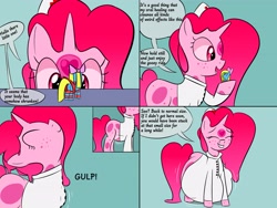 Size: 4000x3000 | Tagged: safe, artist:bestponies, imported from derpibooru, oc, oc only, oc:cuteamena, oc:doctor gumheart, earth pony, goo, goo pony, monster pony, original species, pony, unicorn, belly, big belly, butt, clothes, dialogue, doctor, earth pony oc, endosoma, female, hat, horn, huge belly, impossibly large belly, mare, micro, non-fatal vore, peeking, plot, safe vore, smiling, vore