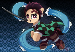 Size: 2198x1521 | Tagged: safe, artist:joaothejohn, imported from derpibooru, pony, anime, clothes, cute, demon slayer, fanart, katana, ponified, simple background, sword, tanjiro, water, weapon