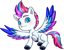 Size: 1085x849 | Tagged: safe, artist:dklmsoda, imported from derpibooru, zipp storm, pegasus, pony, blushing, chibi, female, g5, hoof heart, looking at you, low angle, mare, simple background, solo, spread wings, tail, underhoof, white background, wings