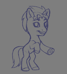 Size: 734x809 | Tagged: safe, artist:dklmsoda, imported from derpibooru, hitch trailblazer, earth pony, pony, chibi, g5, gray background, hoof heart, looking at you, male, monochrome, rearing, simple background, sketch, smiling, solo, stallion, tail, underhoof, wip