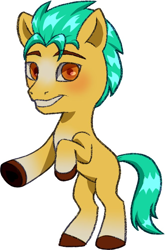 Size: 662x1003 | Tagged: safe, alternate version, artist:dklmsoda, imported from derpibooru, hitch trailblazer, earth pony, pony, chibi, colored, g5, hoof heart, looking at you, male, rearing, simple background, smiling, solo, stallion, tail, underhoof, white background