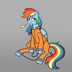 Size: 2048x2048 | Tagged: safe, artist:crypticcervine, imported from derpibooru, rainbow dash, bound wings, chained, chains, clothes, commissioner:rainbowdash69, female, frustrated, gradient background, mare, never doubt rainbowdash69's involvement, prison outfit, prisoner rd, shackles, solo, wings