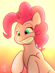 Size: 1875x2483 | Tagged: safe, artist:ermecg, imported from derpibooru, pinkie pie, earth pony, pony, big smile, eyes open, simple background, solo, sunset, teeth