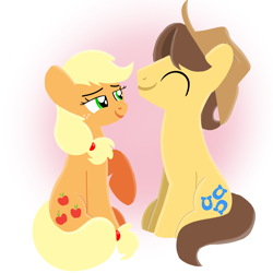 Size: 1400x1400 | Tagged: safe, artist:mlplary6, imported from derpibooru, applejack, caramel, earth pony, pony, applejack's hat, carajack, cowboy hat, duo, eyes closed, female, hat, male, mare, shipping, sitting, smiling, stallion, straight