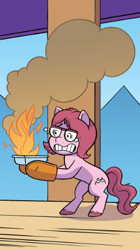 Size: 241x431 | Tagged: safe, artist:abby bulmer, idw, imported from derpibooru, earth pony, pony, spoiler:comic, spoiler:g5comic, spoiler:g5comic13, female, fire, g5, glasses, mare, official, official comic, standing on two hooves, unnamed character, unnamed pony