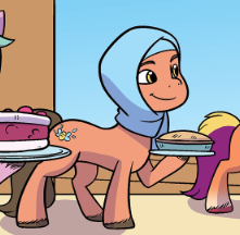 Size: 221x216 | Tagged: safe, artist:abby bulmer, idw, imported from derpibooru, earth pony, pony, spoiler:comic, spoiler:g5comic, spoiler:g5comic13, clothes, food, g5, hijab, official, official comic, pie, raised hoof, smiling, unnamed character, unnamed pony