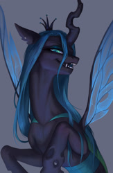 Size: 1950x3000 | Tagged: safe, artist:inarimayer, imported from derpibooru, queen chrysalis, changeling, changeling queen, belly, concave belly, crown, fangs, female, g4, gray background, jewelry, lidded eyes, lighting, looking at you, narrowed eyes, open mouth, open smile, raised hooves, rearing, regalia, shading, simple background, sinister smile, slim, slit pupils, smiling, smiling at you, solo, spread wings, sternocleidomastoid, teeth, wings