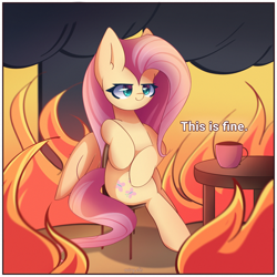 Size: 2400x2400 | Tagged: safe, artist:miryelis, imported from derpibooru, fluttershy, pegasus, pony, big ears, burning, chair, cup, cute, female, fire, long hair, mare, meme, ponified, redraw, shyabetes, signature, sitting, smiling, smoke, solo, text, this is fine, wings