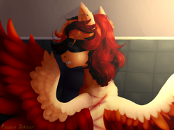 Size: 4000x3000 | Tagged: safe, artist:hell-fire13, imported from derpibooru, oc, oc only, pegasus, pony, blindfold, bust, colored wings, gritted teeth, male, pegasus oc, solo, spread wings, stallion, teeth, two toned wings, wings