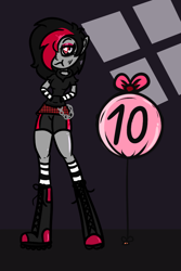 Size: 666x1000 | Tagged: safe, artist:lazerblues, imported from derpibooru, oc, oc:miss eri, equestria girls, balloon, boots, clothes, emo, equestria girls 10th anniversary, hoodie, shoes, socks, striped socks
