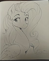 Size: 1650x2048 | Tagged: safe, artist:thelunarmoon, imported from derpibooru, fluttershy, pegasus, pony, bust, female, grayscale, lidded eyes, mare, monochrome, smiling, solo, traditional art
