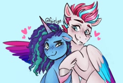 Size: 1296x877 | Tagged: safe, artist:faielyn, imported from derpibooru, zipp storm, pegasus, pony, unicorn, blushing, cornrows, dawnstorm, duo, female, g5, heart, hug, lesbian, mare, misty brightdawn, shipping, simple background