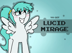 Size: 800x592 | Tagged: safe, artist:soupafterdark, imported from derpibooru, oc, oc only, oc:lucid mirage, pegasus, pony, banned from equestria daily, accessory, blue background, blushing, commission, cute, female, gradient background, grin, hair accessory, mare, pegasus oc, pony oc, simple background, smiling, solo, splash art, tail, text, wings, ya got