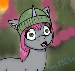 Size: 1092x1027 | Tagged: safe, artist:funnyk16, imported from derpibooru, pony, unicorn, draw this in your style, ear fluff, female, g5, hat, horn, mare, mint grove, open mouth, scene interpretation, signature, solo, wide eyes