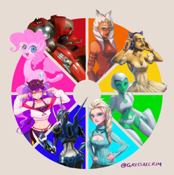 Size: 1280x1291 | Tagged: safe, artist:grissaecrim, imported from derpibooru, pinkie pie, ahsoka tano, aya, barriss offee, challenge, cliffjumper, color wheel challenge, dc comics, elsa, fanart, frozen (movie), green lantern, hololive, meme, star wars, star wars: the clone wars, tokoyami towa, transformers, transformers prime