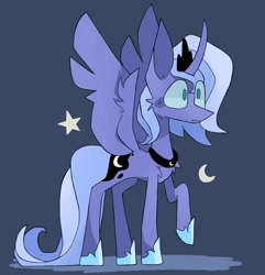 Size: 1972x2048 | Tagged: safe, artist:volchok, imported from derpibooru, princess luna, alicorn, pony, cute, female, mare, raised hoof, s1 luna, simple background, solo, solo female, spread wings, wings