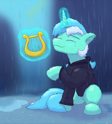 Size: 1092x1207 | Tagged: safe, artist:gosha305, imported from derpibooru, lyra heartstrings, unicorn, fanfic:background pony, blurry background, clothes, crying, dig the swell hoodie, ear fluff, eyes closed, fanfic art, full body, hoodie, hooves, levitation, lyre, magic, music, musical instrument, rain, sad, telekinesis