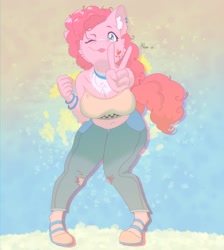 Size: 2289x2558 | Tagged: safe, artist:mooons, imported from derpibooru, pinkie pie, anthro, earth pony, unguligrade anthro, :p, abstract background, belly button, bracelet, breasts, busty pinkie pie, cheek fluff, chest fluff, cleavage, clothes, cute, cute little fangs, denim, ear fluff, fangs, female, high res, jeans, jewelry, looking at you, mare, one eye closed, pants, peace sign, plump, smiling, smiling at you, solo, tongue out, wink, winking at you