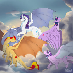 Size: 894x894 | Tagged: safe, artist:kyr0maniac, imported from derpibooru, rarity, starlight glimmer, sunset shimmer, twilight sparkle, dragon, dragoness, dragonified, female, flying, glimmerdragon, grin, raridragon, sky, sky background, smiling, species swap, sunset dragon, twilidragon