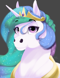 Size: 2550x3300 | Tagged: safe, artist:maniatico jerte oficial, imported from derpibooru, princess celestia, alicorn, pony, bust, crown, eyebrows, eyebrows visible through hair, female, gray background, high res, hoers, jewelry, looking at you, mare, peytral, regalia, signature, simple background, smiling, smiling at you, solo