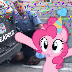 Size: 551x551 | Tagged: safe, edit, imported from ponybooru, pinkie pie, earth pony, human, pony, confetti, derek chauvin, female, george floyd, hat, irl, mare, obligatory pony, party hat, party horn, photo, police, smiling, total nigger death