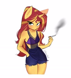 Size: 2107x2293 | Tagged: safe, artist:tomiku, imported from derpibooru, sunset shimmer, anthro, unicorn, bra, cigarette, clothes, hand in pocket, see-through, shorts, simple background, smoking, solo, underwear, white background