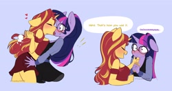 Size: 4096x2160 | Tagged: safe, artist:tomiku, imported from derpibooru, sunset shimmer, twilight sparkle, anthro, unicorn, blushing, bust, clothes, duo, eyes closed, female, food, glasses, heart, kissing, lesbian, shipping, skirt, smiling, sunsetsparkle, text, tongue out, wasting food