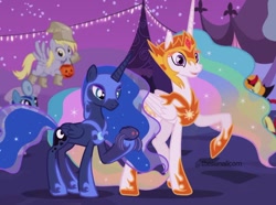 Size: 1080x803 | Tagged: safe, imported from derpibooru, carrot top, derpy hooves, golden harvest, minuette, princess celestia, princess luna, alicorn, earth pony, pegasus, pony, unicorn, clothes, costume, nightmare night