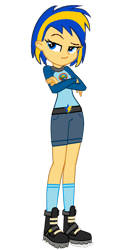 Size: 1000x2000 | Tagged: safe, artist:mlpfan3991, imported from derpibooru, oc, oc only, oc:flare spark, human, equestria girls, legend of everfree, boots, camp everfree outfits, clothes, crossed arms, eyebrows, female, raised eyebrow, shoes, shorts, simple background, smiling, smirk, socks, solo, transparent background