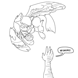 Size: 3508x3508 | Tagged: safe, artist:ponny, imported from derpibooru, oc, oc:peep, human, pegasus, behaving like a bird, bread, flying, food, hand, monochrome, sandwich, simple background, speech bubble, stealing, text, white background