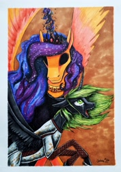 Size: 2763x3898 | Tagged: safe, artist:cahandariella, imported from derpibooru, oc, oc only, alicorn, lich, undead, armor, clothes, crown, crying, dark magic, fanfic art, female, filly, foal, jewelry, magic, male, marker drawing, necklace, newbie artist training grounds, regalia, robes, screaming, spread wings, stallion, traditional art, wings