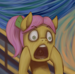 Size: 1280x1264 | Tagged: safe, artist:zetamad, imported from derpibooru, earth pony, pony, atg 2023, female, fine art parody, g5, head in hooves, mare, newbie artist training grounds, posey bloom, solo, the scream