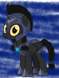 Size: 1536x2048 | Tagged: safe, artist:dust, derpibooru exclusive, imported from derpibooru, oc, oc only, oc:eclipse, pegasus, pony, armor, braid, braided pigtails, braided tail, digital art, female, mare, night guard, night guard armor, pigtails, royal guard, simple background, solo, tail