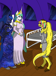 Size: 518x700 | Tagged: safe, imported from derpibooru, princess celestia, princess luna, oc, oc:rachel lockhart, alicorn, anthro, dragon, bed, breasts, clothes, crying, floppy ears, gritted teeth, hospital bed, hybrid oc, snarling, teeth