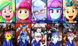 Size: 1164x699 | Tagged: safe, artist:robertsonskywa1, artist:the-butch-x, edit, imported from derpibooru, indigo zap, lemon zest, sour sweet, sugarcoat, sunny flare, robot, fanfic:transformers equestria girls: wreckers uprising, equestria girls, autobot, blaster, clothes, crystal prep academy uniform, cybertronian, drift (transformers), ear piercing, earring, equestria girls 10th anniversary, glasses, goggles, hairclip, headphones, jetfire, jewelry, photo, piercing, prowl, school uniform, transformers, tsundere, tsunderecoat, uniform, wallpaper, whirl, wrecker