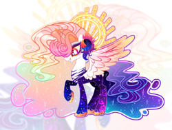 Size: 3869x2920 | Tagged: safe, artist:anno酱w, imported from derpibooru, oc, oc only, alicorn, base used, crown, ethereal mane, eyelashes, eyeshadow, flowing mane, jewelry, makeup, parent:princess celestia, parent:princess luna, raised hoof, regalia, smiling, spread wings, starry mane, sun, wings