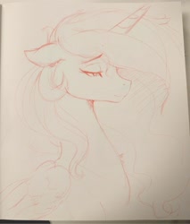 Size: 1741x2048 | Tagged: safe, artist:thelunarmoon, imported from derpibooru, princess celestia, alicorn, pony, bust, female, floppy ears, lidded eyes, mare, monochrome, profile, sketch, smiling, solo, traditional art