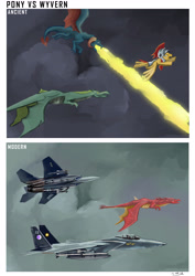 Size: 3508x4961 | Tagged: safe, artist:eds233, imported from derpibooru, dragon lord torch, flare (character), flash magnus, greenblight, dragon, pegasus, pony, campfire tales, f-15 eagle, jet, jet fighter, jet plane