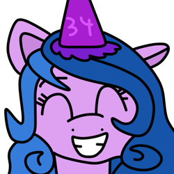 Size: 894x894 | Tagged: safe, artist:jadeharmony, imported from derpibooru, izzy moonbow, pony, unicorn, birthday, cute, female, g5, grin, hat, izzybetes, kimiko glenn, mare, party hat, simple background, smiling, solo, transparent background