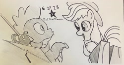 Size: 2791x1469 | Tagged: safe, artist:mlpfantealmintmoonrise, imported from derpibooru, applejack, spike, a dog and pony show, atg 2023, daydream, fishing rod, g4, lips, newbie artist training grounds, partial background, pen drawing, pencil drawing, signature, smiling, traditional art