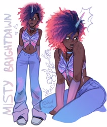 Size: 1821x2160 | Tagged: safe, artist:peachmichea, imported from derpibooru, human, afro, alternate hairstyle, belly button, choker, clothes, cornrows, cute, dark skin, denim, ear piercing, earring, evening gloves, eyeshadow, fingerless elbow gloves, fingerless gloves, freckles, g5, gloves, heart, horn, horned humanization, humanized, jeans, jewelry, long gloves, makeup, misty brightdawn, mistybetes, necklace, pants, piercing, rebirth misty, short shirt, simple background, solo, white background