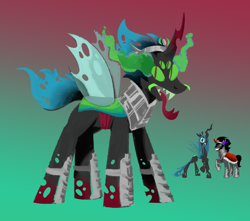 Size: 1700x1500 | Tagged: safe, artist:msponies, imported from derpibooru, changeling, pony, unicorn, armor, forked tongue, four eyes, fusion, fusion:king sombra, fusion:queen chrysalis, gradient background, hybrid fusion, insect wings, solo, wings