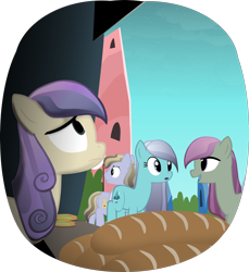 Size: 2182x2380 | Tagged: safe, artist:equestriaexploration, imported from derpibooru, arctic lily, check mate, winnow wind, crystal pony, pony, atg 2023, bread, food, jade (character), newbie artist training grounds