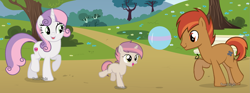 Size: 2907x1085 | Tagged: safe, artist:pastelnightyt, imported from derpibooru, button mash, sweetie belle, oc, oc:pixel music, pony, unicorn, ball, base used, female, filly, foal, offspring, older, parent:button mash, parent:sweetie belle, parents:sweetiemash